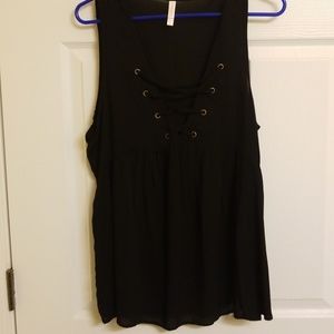 Black lace up short sleeve dressy tank